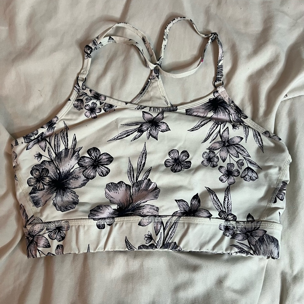 White and black floral sports bra.